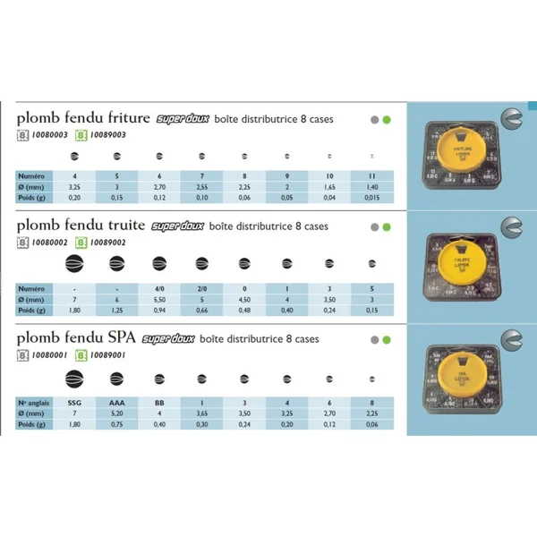 Boite 8 cases carrée de plombs fendus peints marron 120 gr TRUITE 7mm-6mm-N°4/0-2/0-0-1-3-5