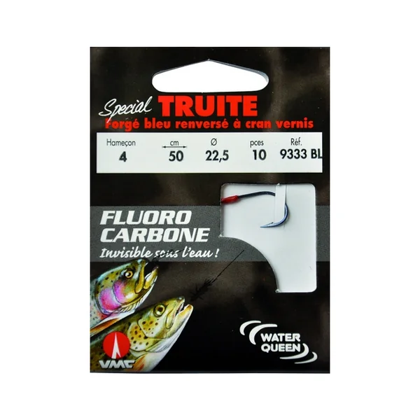 Fluorocarbone spécial truite forgé bleu renversé à cran vernis 9333 BL 50 cm Hameçons N°4 sur Nylon fluorocarbone 22,5 /100