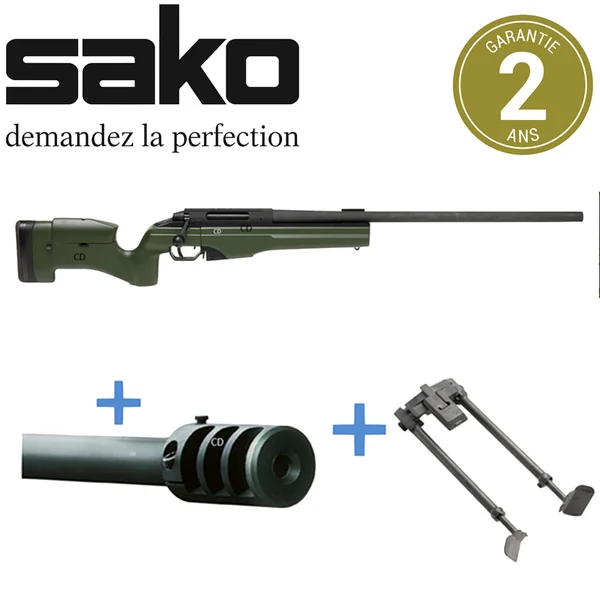 Pack Complet Carabine Sako TRG 42 Verte Crosse Fixe 338 Lapua Mag 69cm + Frein De Bouche + Bipied M08