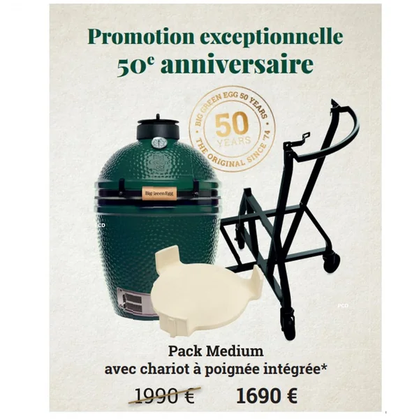 Pack Promo 50ans Kamado Big Green Egg Medium Avec Chariot Et Conveggtor